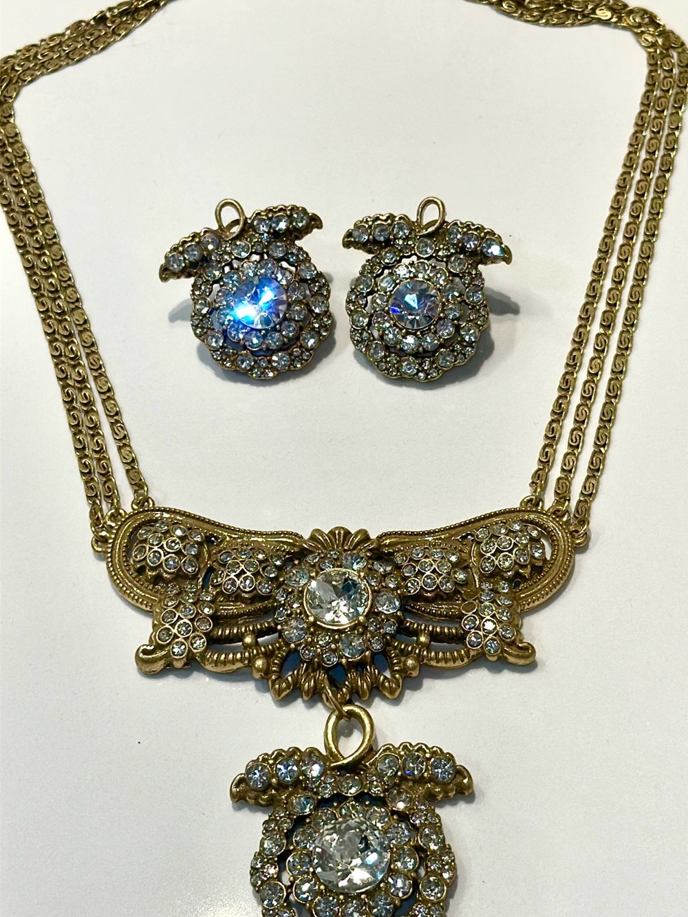 Miriam Haskell Gold-Tone Crystal Necklace and Earrings Set